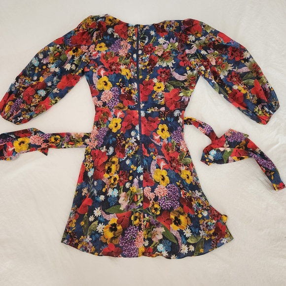 Alice + Olivia Floral Balloon Sleeve Kerri Bishop Dress Tie V-neck Silk Sz 6 - Picture 9 of 16